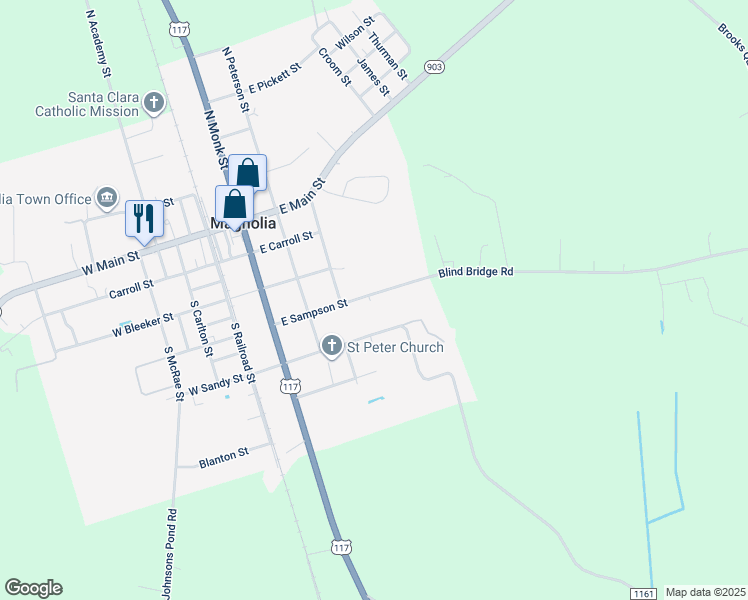 map of restaurants, bars, coffee shops, grocery stores, and more near 420 East Sampson Street in Magnolia