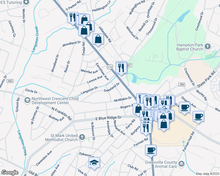 map of restaurants, bars, coffee shops, grocery stores, and more near 108 Dukeland Drive in Greenville