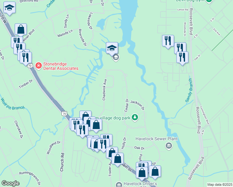 map of restaurants, bars, coffee shops, grocery stores, and more near 122 Barden Dr in Havelock