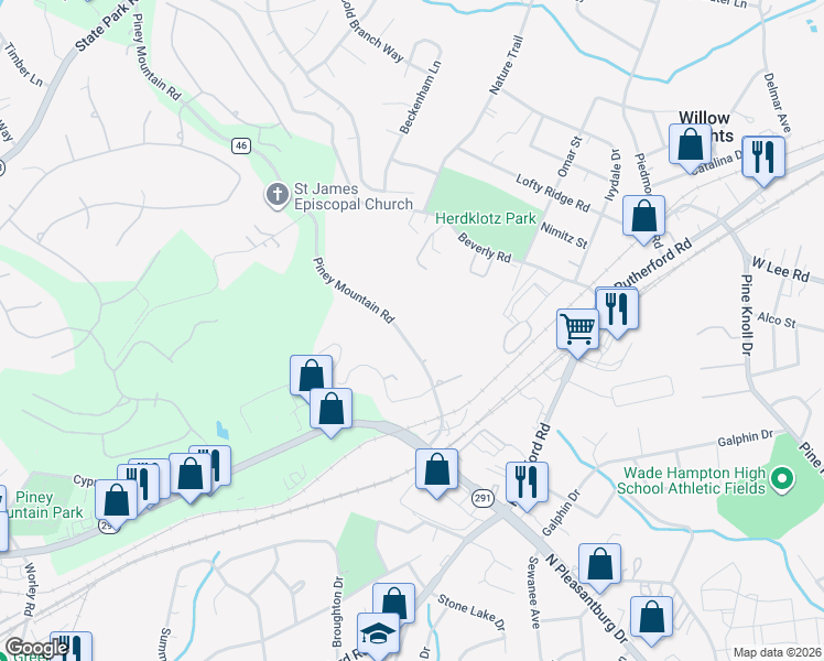 map of restaurants, bars, coffee shops, grocery stores, and more near 214 Piney Mountain Road in Greenville