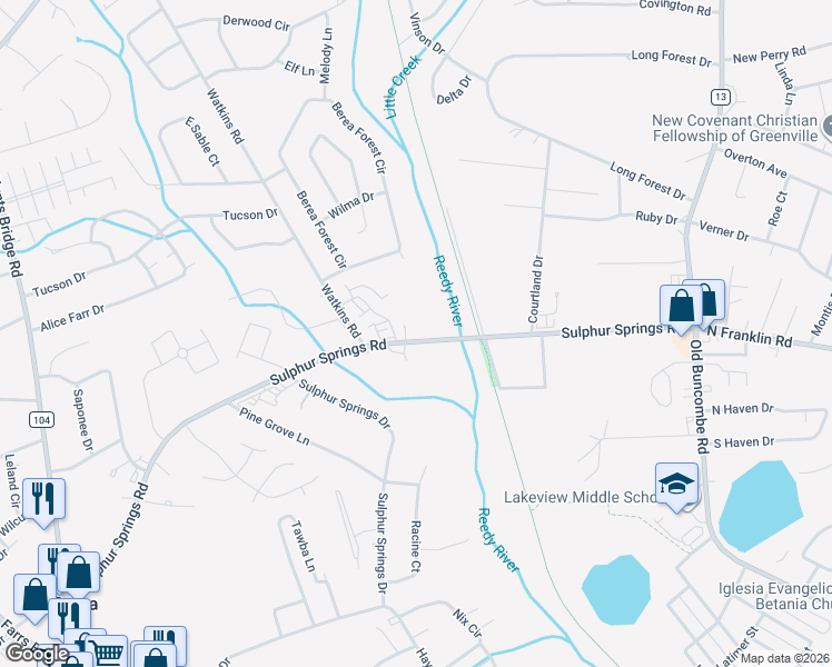 map of restaurants, bars, coffee shops, grocery stores, and more near 228 Sulphur Springs Road in Greenville