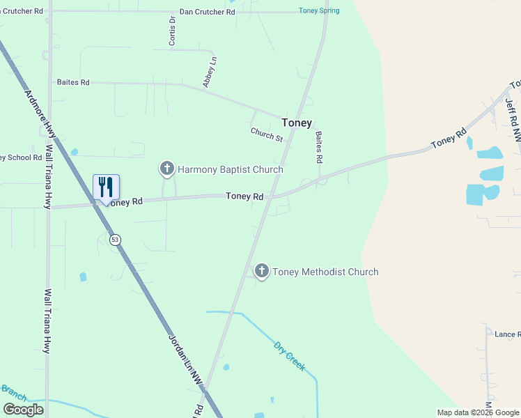 map of restaurants, bars, coffee shops, grocery stores, and more near 5560 Old Railroad Bed Road in Toney