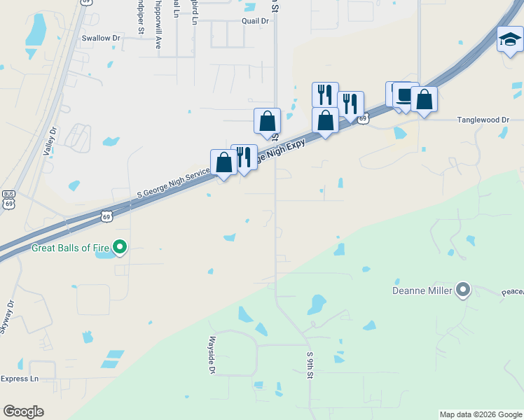 map of restaurants, bars, coffee shops, grocery stores, and more near 706 Cedar Ridge Drive in McAlester
