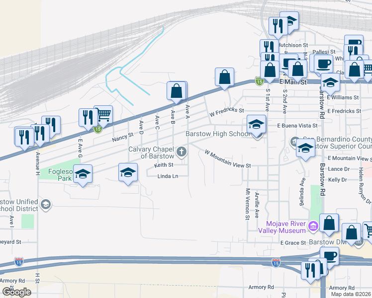 map of restaurants, bars, coffee shops, grocery stores, and more near 700 Flora Street in Barstow
