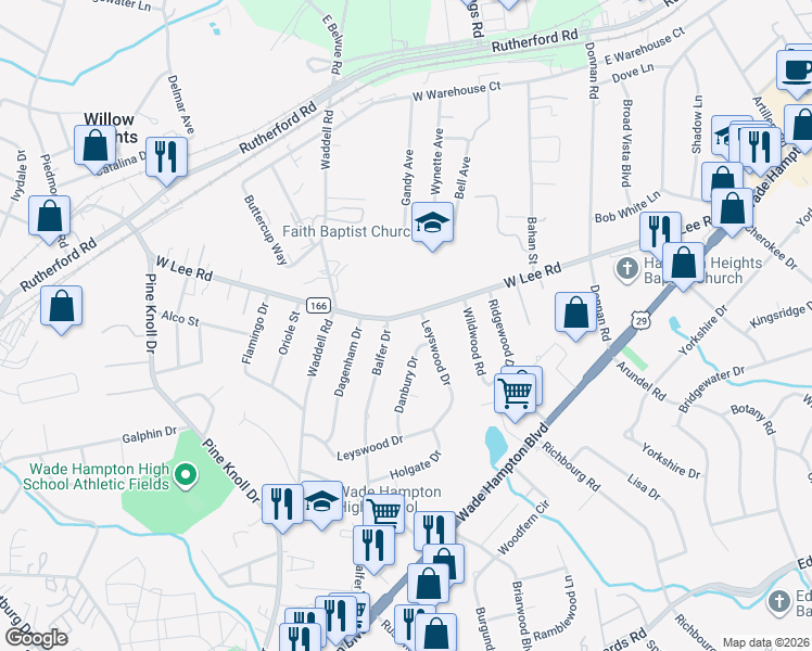 map of restaurants, bars, coffee shops, grocery stores, and more near 505 West Lee Road in Taylors