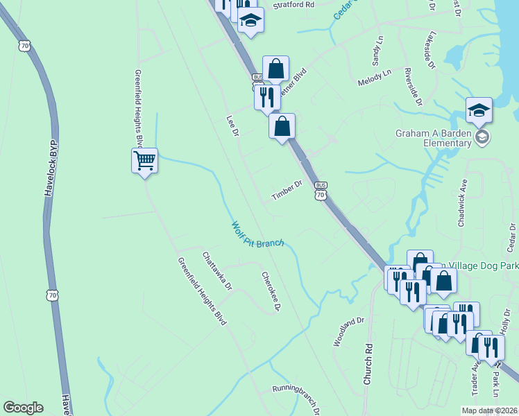 map of restaurants, bars, coffee shops, grocery stores, and more near 344 Lee Drive in Havelock