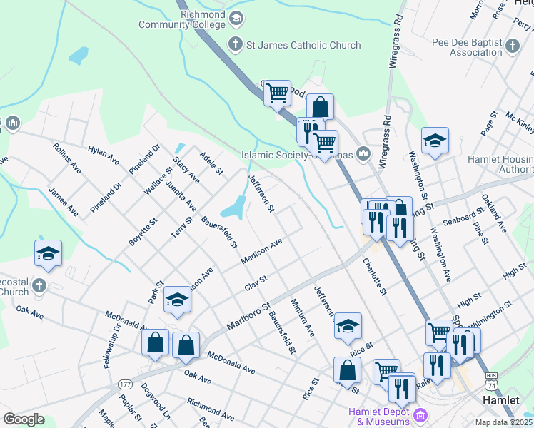map of restaurants, bars, coffee shops, grocery stores, and more near 907 Jefferson Street in Hamlet