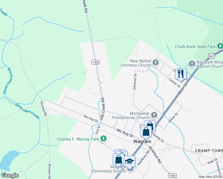 map of restaurants, bars, coffee shops, grocery stores, and more near 25201-25291 Hill Creek Road in Wagram