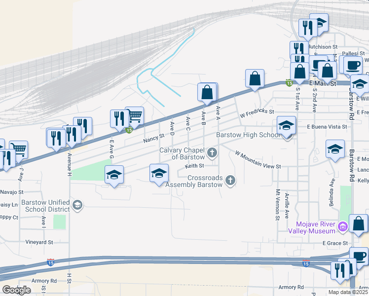 map of restaurants, bars, coffee shops, grocery stores, and more near 900 West Buena Vista Street in Barstow