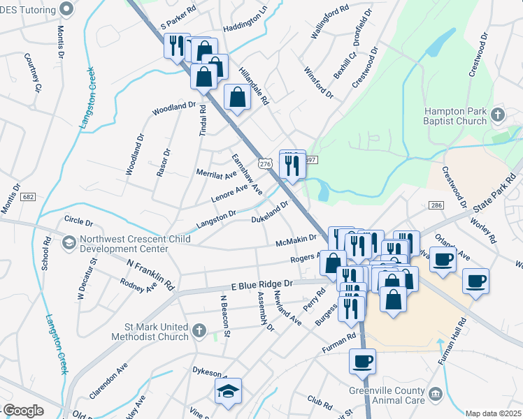 map of restaurants, bars, coffee shops, grocery stores, and more near 3 Paladin Court in Greenville