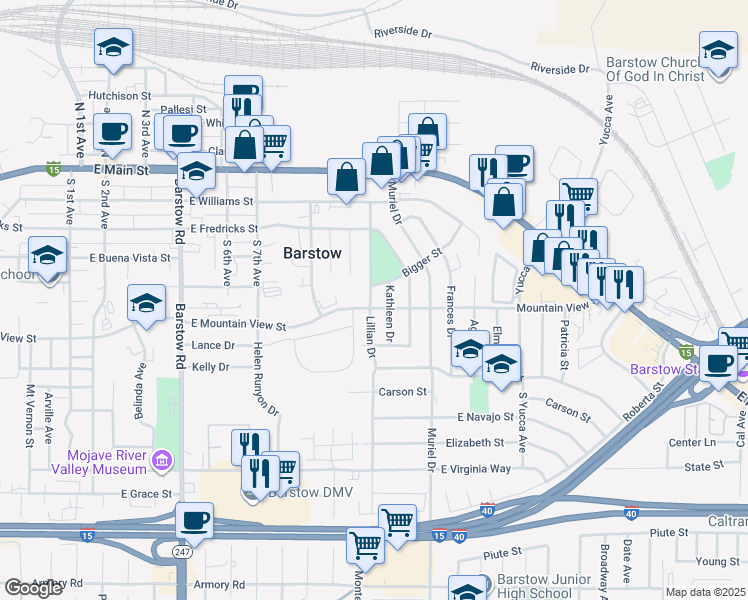 map of restaurants, bars, coffee shops, grocery stores, and more near 521 Lillian Drive in Barstow