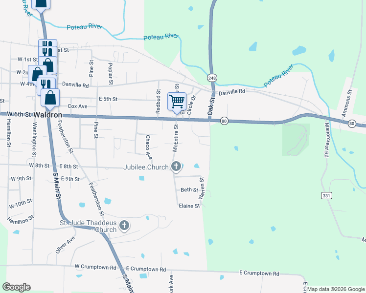map of restaurants, bars, coffee shops, grocery stores, and more near 671 McEntire Street in Waldron