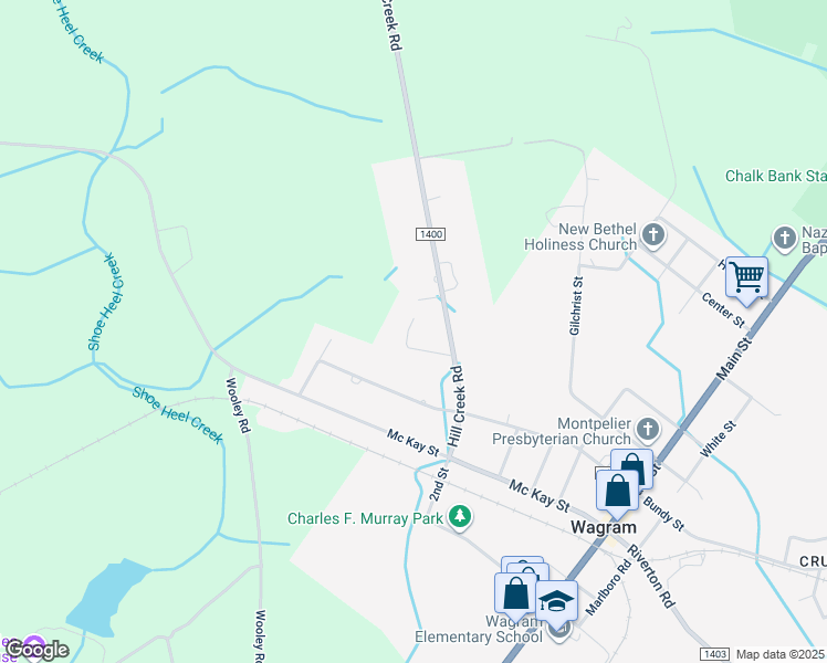 map of restaurants, bars, coffee shops, grocery stores, and more near 25104 Hill Creek Road in Wagram