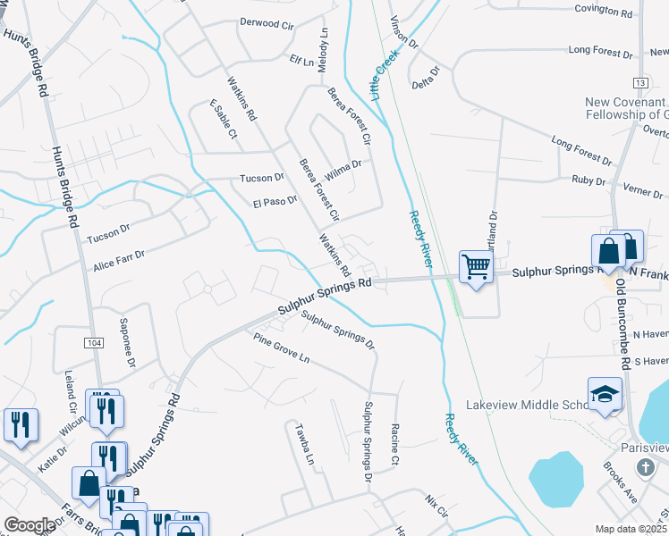 map of restaurants, bars, coffee shops, grocery stores, and more near 201 Watkins Road in Greenville