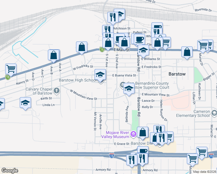 map of restaurants, bars, coffee shops, grocery stores, and more near 425 South 1st Avenue in Barstow