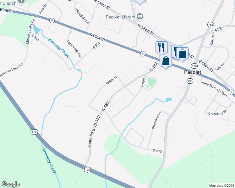 map of restaurants, bars, coffee shops, grocery stores, and more near 341 Hillbrook Circle in Pacolet