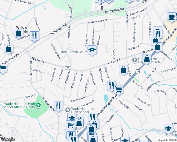 map of restaurants, bars, coffee shops, grocery stores, and more near 505 West Lee Road in Taylors
