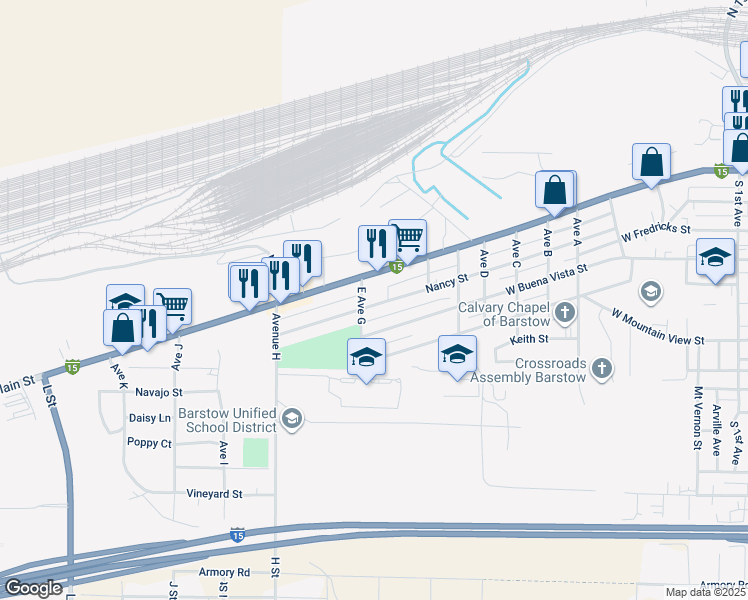 map of restaurants, bars, coffee shops, grocery stores, and more near 1331 Nancy Street in Barstow