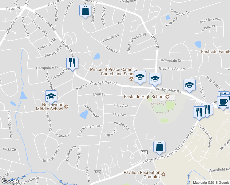map of restaurants, bars, coffee shops, grocery stores, and more near 109 Lynn Drive in Taylors