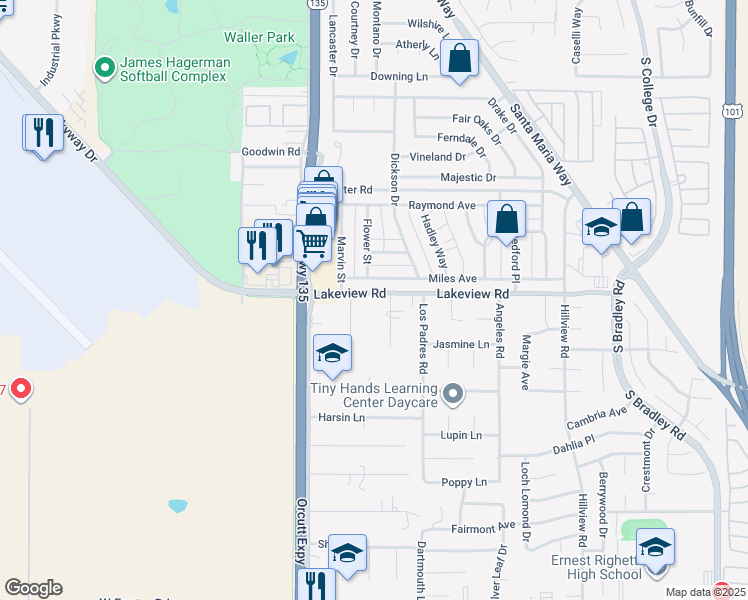 map of restaurants, bars, coffee shops, grocery stores, and more near 260 Lakeview Road in Santa Maria