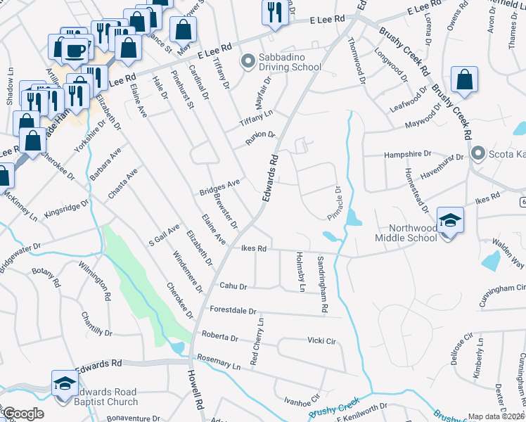 map of restaurants, bars, coffee shops, grocery stores, and more near 3504 Edwards Road in Taylors