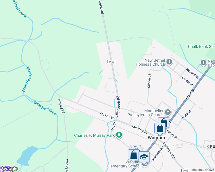 map of restaurants, bars, coffee shops, grocery stores, and more near 25104 Hill Creek Road in Wagram