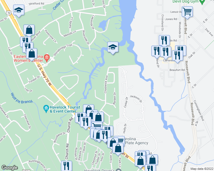 map of restaurants, bars, coffee shops, grocery stores, and more near 100 Joseph Drive in Havelock