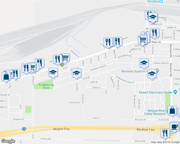 map of restaurants, bars, coffee shops, grocery stores, and more near 900 West Buena Vista Street in Barstow