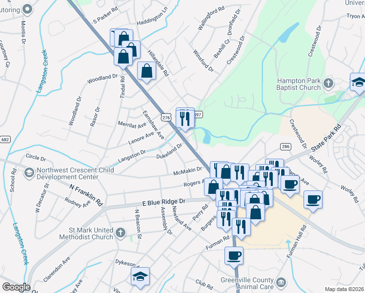 map of restaurants, bars, coffee shops, grocery stores, and more near 2101 Poinsett Highway in Greenville