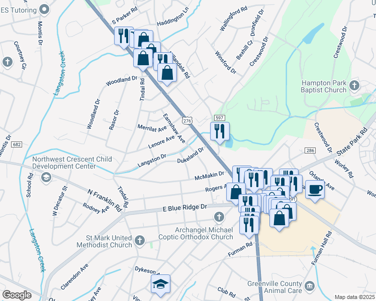 map of restaurants, bars, coffee shops, grocery stores, and more near 3 Paladin Court in Greenville