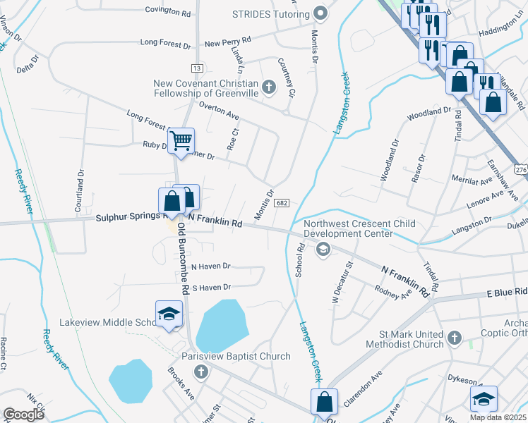 map of restaurants, bars, coffee shops, grocery stores, and more near 3 State Road S-23-682 in Greenville