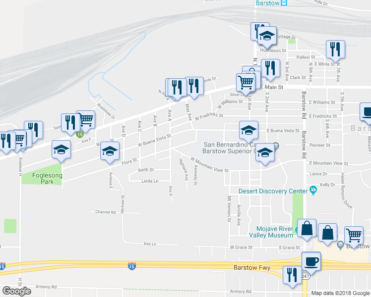 map of restaurants, bars, coffee shops, grocery stores, and more near 640 Flora Street in Barstow