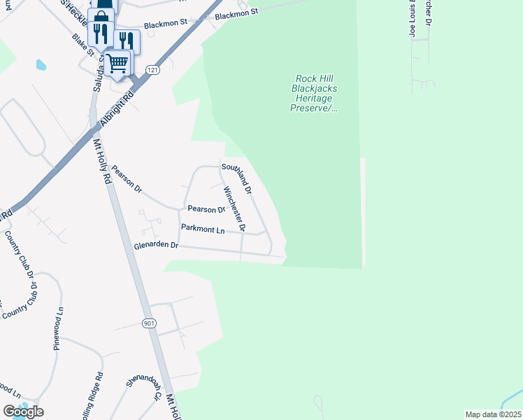 map of restaurants, bars, coffee shops, grocery stores, and more near 1067 Southland Drive in Rock Hill