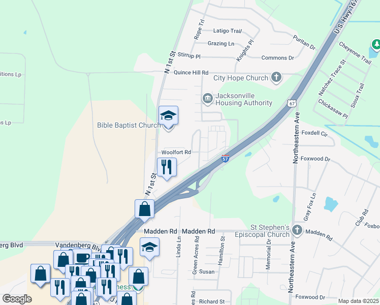 map of restaurants, bars, coffee shops, grocery stores, and more near 154 Woolfort Road in Jacksonville