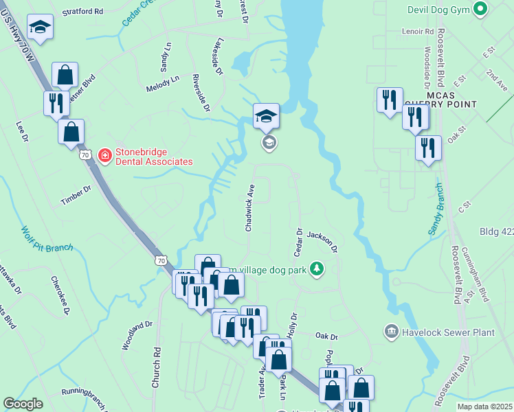 map of restaurants, bars, coffee shops, grocery stores, and more near 102 Joseph Drive in Havelock