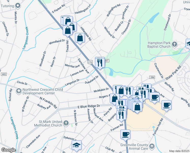 map of restaurants, bars, coffee shops, grocery stores, and more near 2101 Poinsett Highway in Greenville