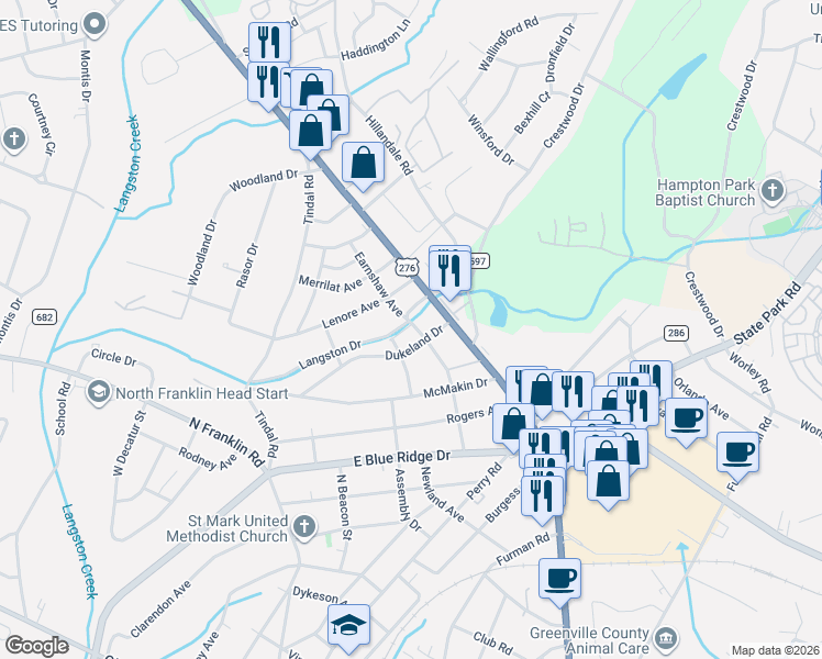 map of restaurants, bars, coffee shops, grocery stores, and more near 3 Paladin Court in Greenville