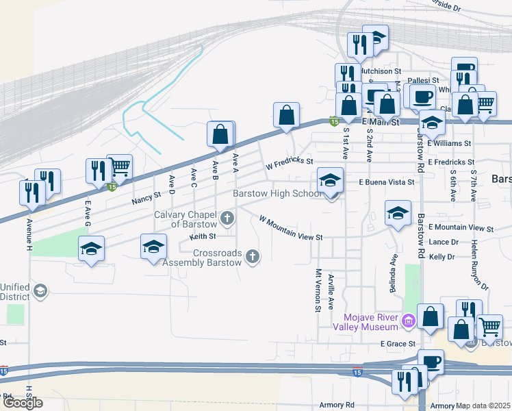 map of restaurants, bars, coffee shops, grocery stores, and more near 640 Flora Street in Barstow