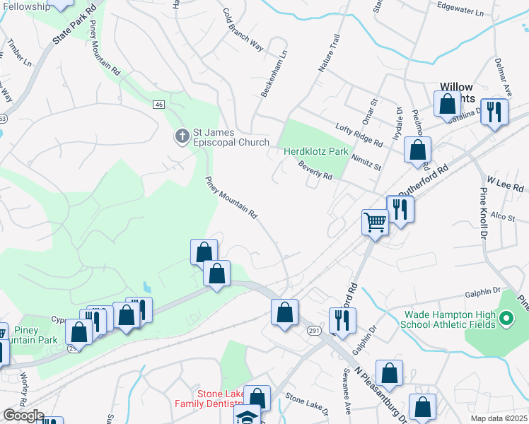 map of restaurants, bars, coffee shops, grocery stores, and more near 222 Piney Mountain Road in Greenville