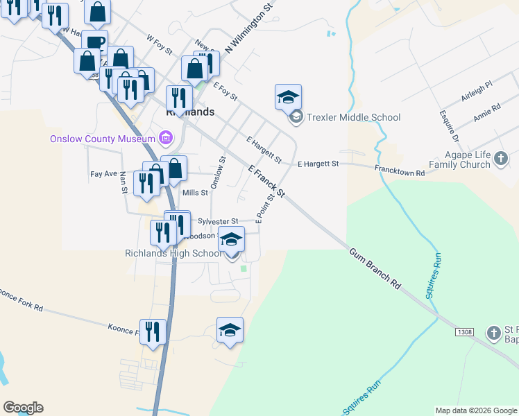 map of restaurants, bars, coffee shops, grocery stores, and more near 109 East Point Street in Richlands
