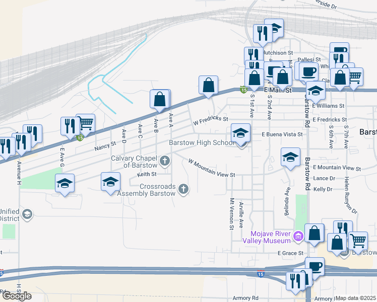 map of restaurants, bars, coffee shops, grocery stores, and more near 630 Flora Street in Barstow