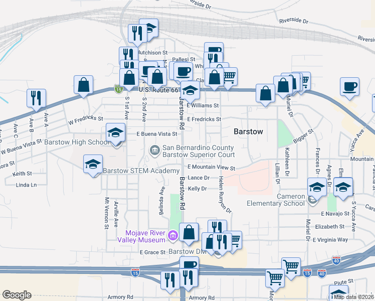 map of restaurants, bars, coffee shops, grocery stores, and more near 501 Barstow Road in Barstow