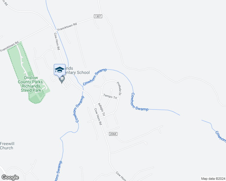 map of restaurants, bars, coffee shops, grocery stores, and more near 201 South Wilmington Street in Richlands