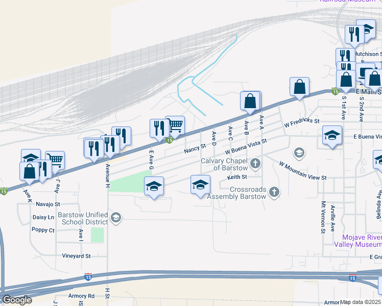 map of restaurants, bars, coffee shops, grocery stores, and more near 1130 Nancy Street in Barstow