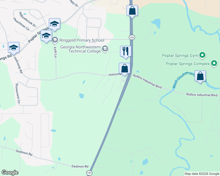 map of restaurants, bars, coffee shops, grocery stores, and more near 130 Chestnut Ridge Road in Ringgold