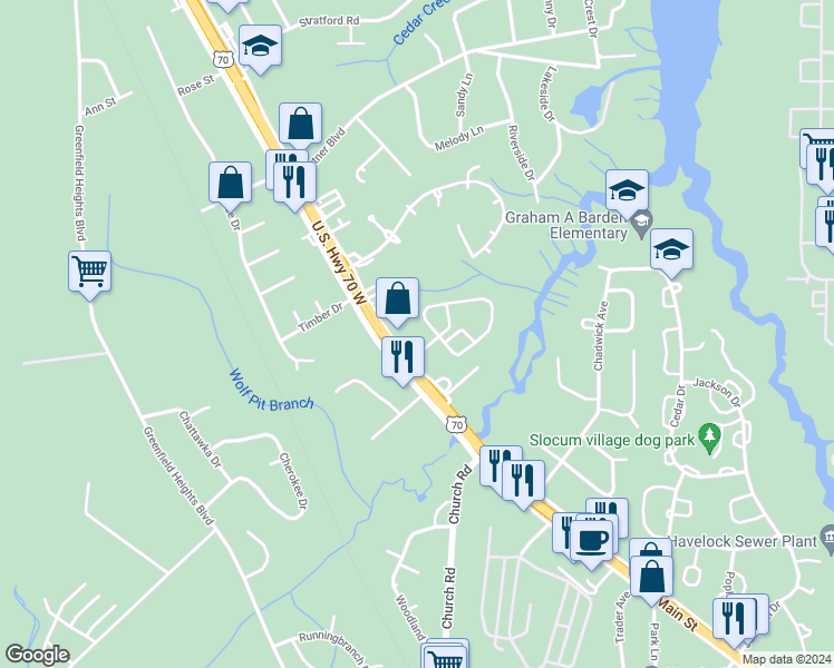 map of restaurants, bars, coffee shops, grocery stores, and more near 148 Lynnwayne Circle in Havelock