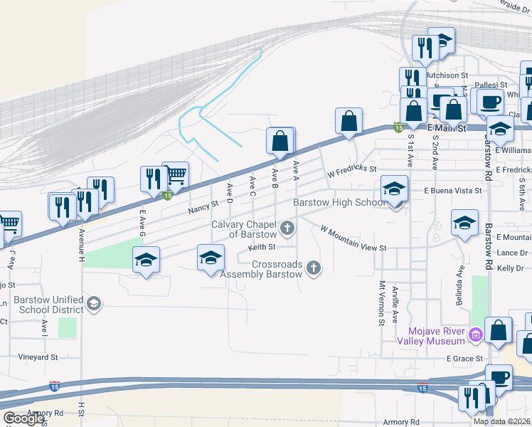map of restaurants, bars, coffee shops, grocery stores, and more near 300 Avenue B in Barstow