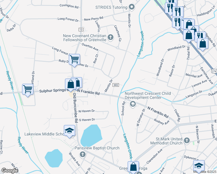 map of restaurants, bars, coffee shops, grocery stores, and more near 3 State Road S-23-682 in Greenville