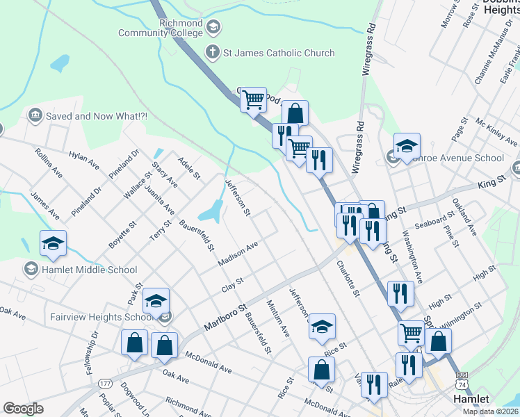 map of restaurants, bars, coffee shops, grocery stores, and more near 106 Henry Street in Hamlet