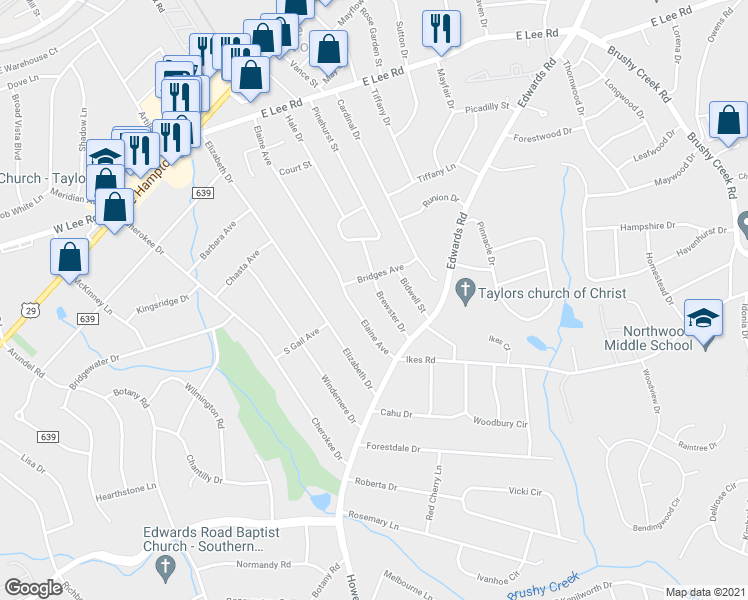 map of restaurants, bars, coffee shops, grocery stores, and more near 13 Brewster Drive in Taylors